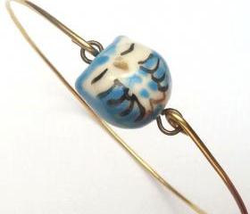 Brass Blue Porcelain Owl Bracelet