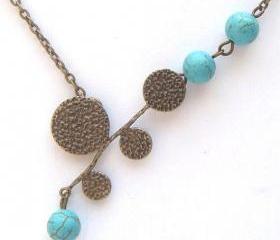 Antiqued Brass Leaf Green Turquoise Necklace