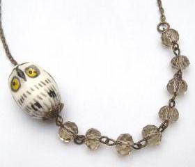 Antiqued Brass Smoky Quartz Porcelain Owl Necklace