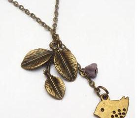 Antiqued Brass Leaf Bird Necklace