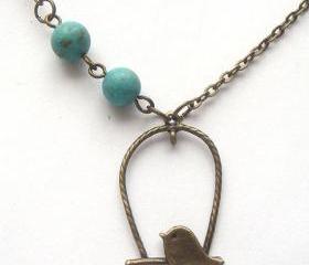 Antiqued Brass Bird Turquoise Necklace