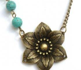 Antiqued Brass Flower Green Turquoise Necklace