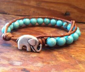 Elephant Leather Wrap Bracelet, Blue Magnesite Wrap Bracelet, Lucky Elephant Bracelet