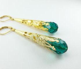 Gold Emerald Earrings Leverback Dangle Earrings Victorian Jewelry Filigree Earrings Long Dangle