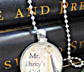 Jane Austin. Mr. Darcy's girl. Pride and Prejudice. 1"sterling silver, glass & ball chain necklace. Book, reading, writing, quote.