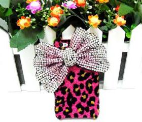 Iphone 4 Case, Bling leopard Pink Bow Iphone 4 case, iphone 4S Bow Case, Iphone 4G Bow Case Cover PS