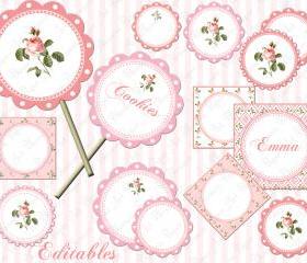Cupcakes Toppers - Pink Flowers - Digital Tags - Printables - Parties - Weddings - Candy Buffet Labels - 1551