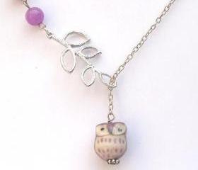 Silver Plated Brass Leaf Jade Porcelain Owl Necklace