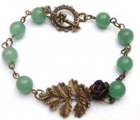 Antiqued Brass Leaf Flower Jade Bracelet