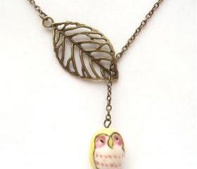Antiqued Brass Leaf Yellow Owl Necklace