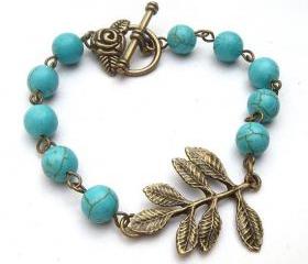 Antiqued Brass Leaf Turquoise Bracelet