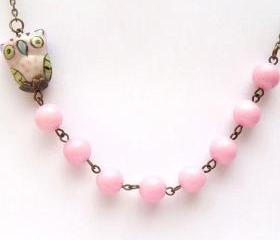 Antiqued Brass Pink Porcelain Owl Jade Necklace