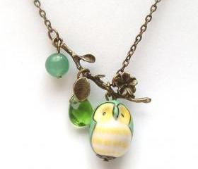 Antiqued Brass Leaf Green Quartz Jade Porcelain Owl Necklace
