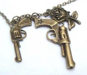 Antiqued Brass Pistol Rose Necklace