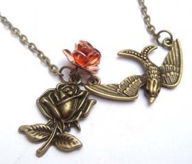 Antiqued Brass Swallow Flower Necklace