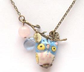 Antiqued Brass Leaf Quartz Jade Porcelain Owl Necklace
