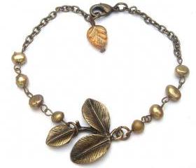 Antique Brass Leaf Pearl Czech Glass Bracelet