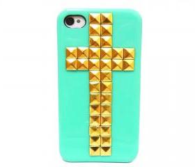 Cross Brass Gold Pyramid Stud Light Green Hard Case Cover For Apple iPhone 4 case, iphone 4G case, iphone 4S case