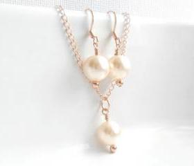 Bridal Pearls Rose Gold Swarovski Pearl cream rose Necklace and Earrings set