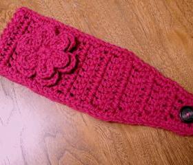 Hot Pink Crochet Headband - Earwarmer - Headwrap with Flower - Choose a Color