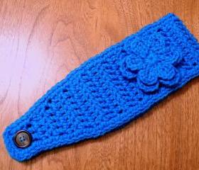 Blue Crochet Headband - Earwarmer - Headwrap with Flower - Choose a Color