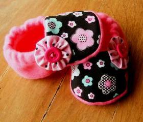 Toddler Size - Dotty Pink, Blue, Black Flowers Fleece Baby Booties with Non-Slip Soles