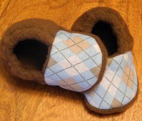 Toddler Size - Blue and Brown Argyle Fleece Baby Booties with Non-Slip Soles