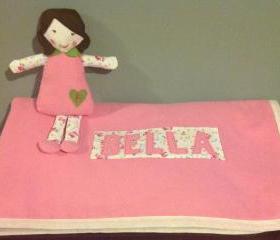 Handmade personalised doll teddy with matching blanket. Great gift for new baby/christening/Christmas for granddaughter/niece!