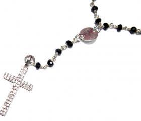 Rosary Style Onyx wire wrapped necklace with a pave sterling silver cz cross