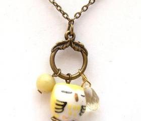 Antiqued Brass Quartz Jade Porcelain Owl Necklace