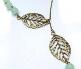 Antiqued Brass Leaf Blue Jade Necklace