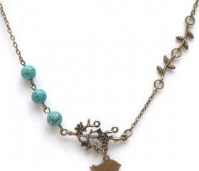Antiqued Brass Branch Leaf Bird Turquoise Necklace