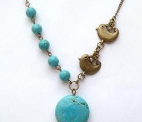 Antiqued Brass Bird Turquoise Necklace