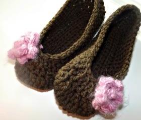 Crochet slippers in chocolate brown with pink rose, so soft and comfy perfect Christmas gift SHIPS TODAY