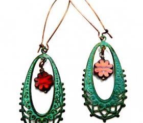 Bohemian earrings in Green Verdigris Patina with 2 Tone Tiger Lily Picasso Table Cut and Firepolished Czech Flower Glass Beads. Copper. Earrings. Jewelry.