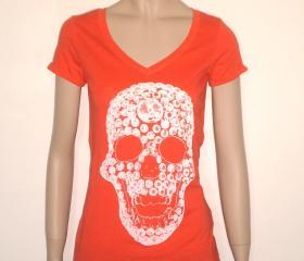 White swarovski diamonds skull tshirt for women, orange V neck tee