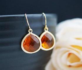 Wedding Jewelry Bridesmaid Jewelry Bridal Earrings Bridesmaid Earrings Dangle Earrings Orange Fire Opal Glass Gold Trimmed Earrings