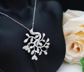 Tree of Life . Matte white gold plated tree with branch and leaf Necklace
