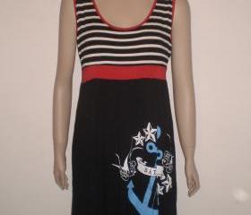 Black dress red white stripes with blue bleu cobalt rockabilly anchor stars and birds