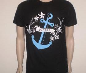 Black tshirt with blue bleu cobalt azure rockabilly anchor with stars and birds