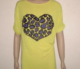Yellow long tshirt mini dress with purple and black leopard heart