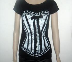Black and withe lace corset tshirt for women scoop neck tee
