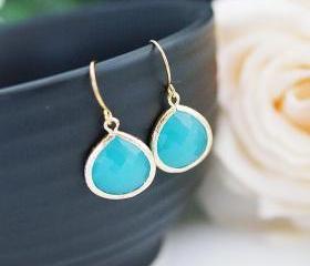Wedding Jewelry Bridesmaid Jewelry Bridal Earrings Bridesmaid Earrings Dangle Earrings Mint Opal Sea Foam Glass Gold Trimmed Earrings