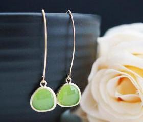 Modern Jewelry Modern Earrings Dangle Earrings Matte gold framed Apple Green Opal Glass Drops Earrings