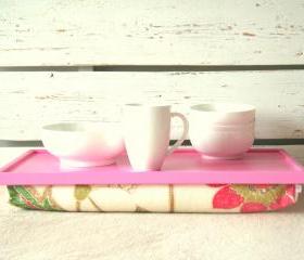 Wood Breakfast serving or Laptop Lap Desk- XL size- Pink with Creme, Coral and Green flower printed Linnen Pillow