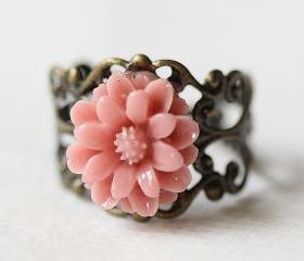 Coral Pink Chrysanthemum Flower Filigree Ring