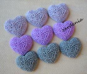 9PCS - Heart Flower Cabochons - Resin - Lilac, Lavender and Gray Mix - 19x21mm - Cabochons by ZARDENIA