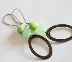 lime green earrings - lime green antique bronze hoops - wasabi - casual