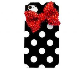 Bling Crystal Polka Dot Black White iphone 4 Case, iphone 4G Red Bow Case, iphone 4 Bow Case, iphone 4S Case Cover A1