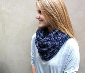 Circle Scarf, Cowl Scarf, Peace Signs, Navy, White